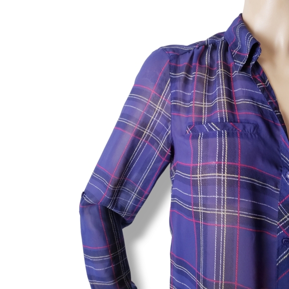 Guess Purple & Pink Plaid Print Chiffon Sheer Long Sleeve Blouse Size Small - Picture 2 of 8